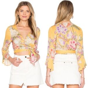 Spell Gypsy Collective Revolve Blue Skies Wrap Top Bell Sleeve Boho Sunflower XS